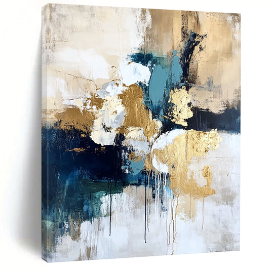 Contemporary hand-painted abstract art on textured canvas with gold foil highlights in cream white and blue creating a romantic atmosphere with vibrant earthy tones. DLZ1009