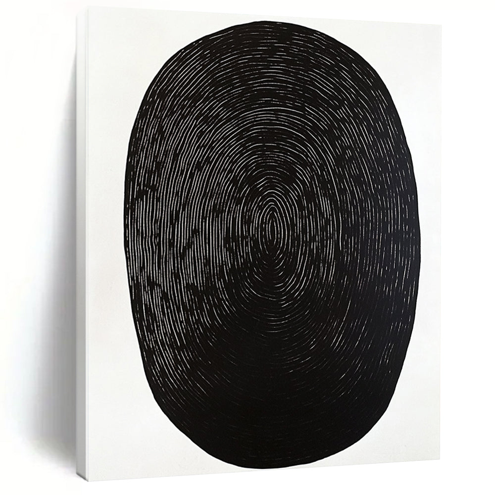 Contemporary abstract artwork featuring a black oval shape on a white background with minimal wood grain print emphasizing simplicity and elegance. DLZ1534