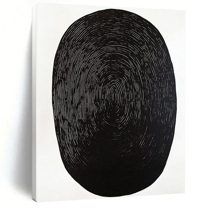 Contemporary abstract artwork featuring a black oval shape on a white background with minimal wood grain print emphasizing simplicity and elegance. DLZ1534
