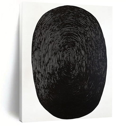 Contemporary abstract artwork featuring a black oval shape on a white background with minimal wood grain print emphasizing simplicity and elegance. DLZ1534