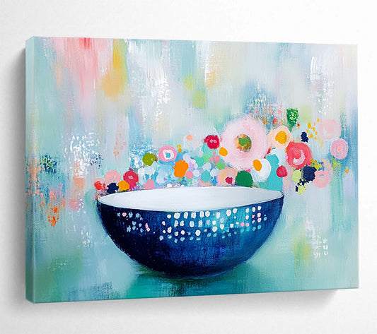 “Floral Bowl Still Life” - Blue, White, Colorful Flowers, Polka Dots, Pastel Background - Painting On Canvas HB1443