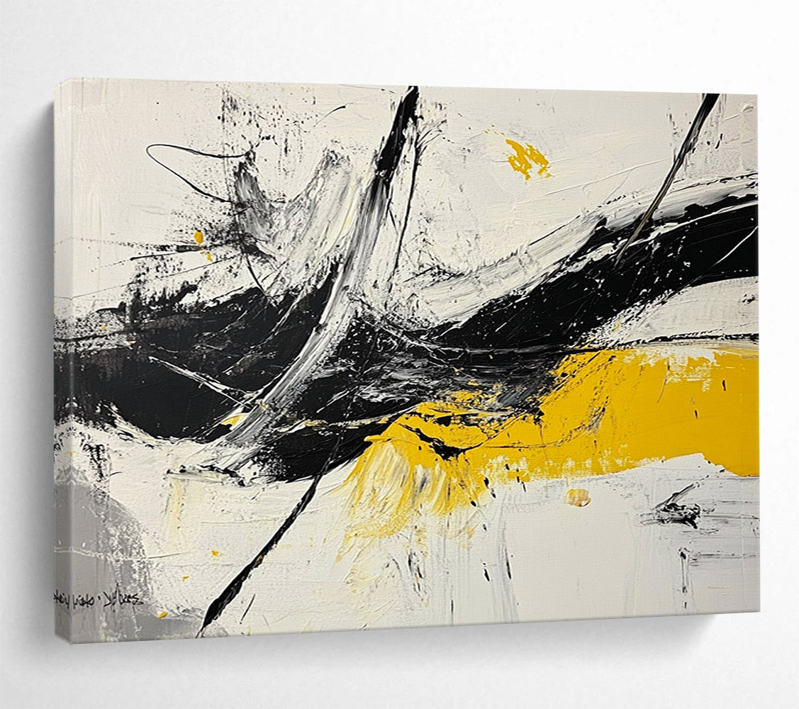 “Dynamic Splashes” - Black, White, Yellow, Abstract Expressionist Painting On Canvas HB1045