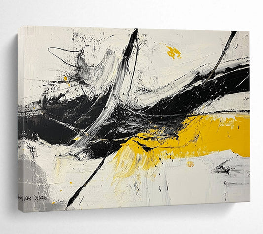 “Dynamic Splashes” - Black, White, Yellow, Abstract Expressionist Painting On Canvas HB1045