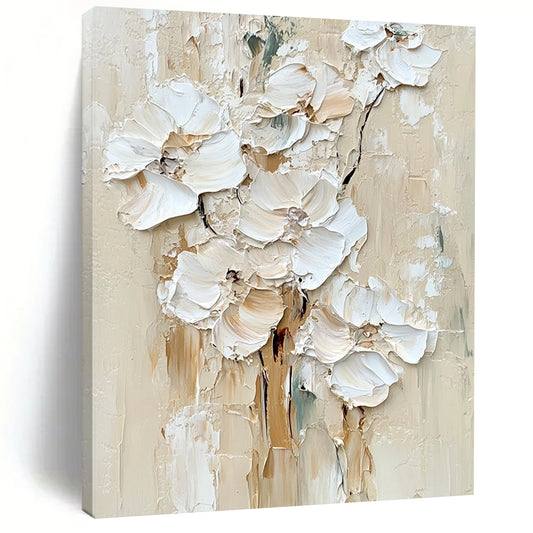 Contemporary large hand-painted abstract artwork featuring impasto white flowers in a soothing palette of neutral colors and tones. DLZ0672