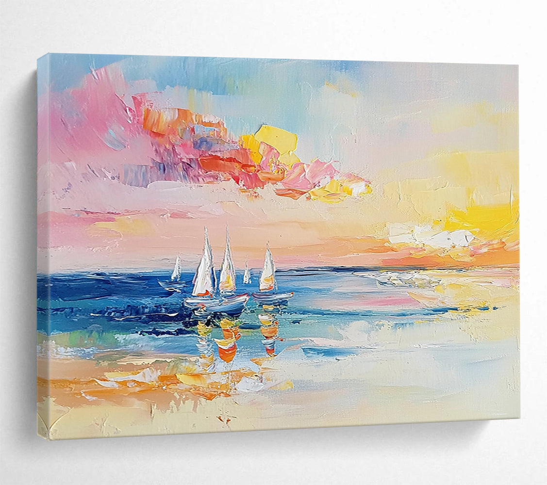 “Colorful Sailboat Seascape” - Pink, Yellow, Blue, White - Impasto Sailboats at Sunset - Oil Painting HB1307
