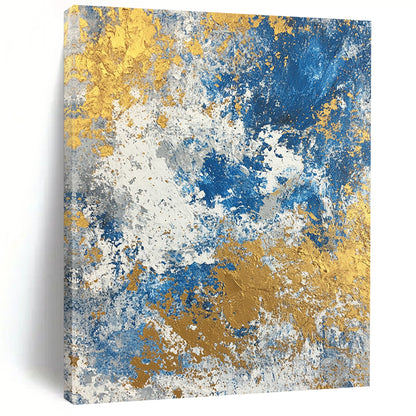 Large contemporary abstract painting featuring a textured blend of blue gold beige white and silver colors. Perfect for modern decor. DLZ0339