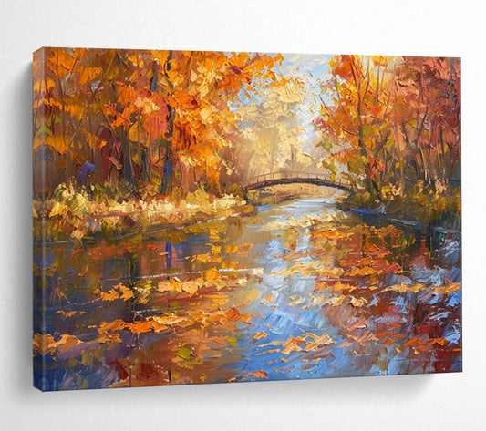 Autumn Forest River & Bridge - Cozy Living Room or Office Art DLZ196