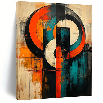 Bold contemporary abstract artwork featuring large circles and geometric lines in vibrant orange teal blue white black red and grey on canvas texture. DLZ1037