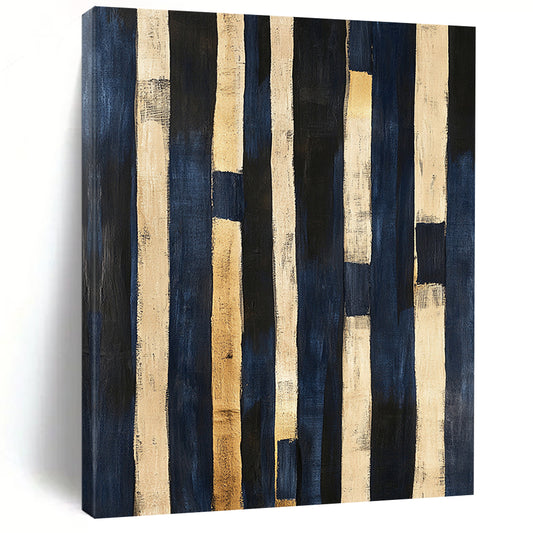 Navy Blue, Beige, Gold, Vertical Stripes "Coastal Rhythm" Abstract Nautical - Inspired Painting On Canvas HB043