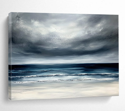 Gray, Blue, White and Beige Dramatic Seaside "Stormy Horizon" Painting On Canvas HB0675