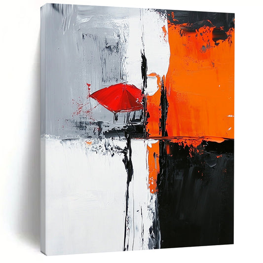 Contemporary abstract painting featuring bold black white orange hues with a gray background light gray red umbrella and chair in a hard-edge style. DLZ0324