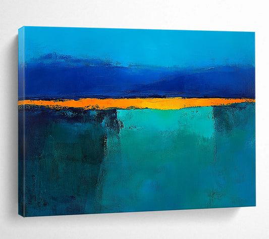 “Blue Orange Abstract Horizon” - Blue, Orange, Teal, Yellow, Horizontal Forms - Painting On Canvas HB1424