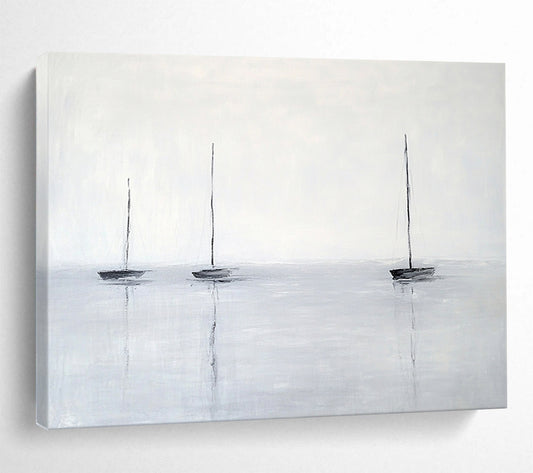 “Sailboats on Gray Water” - Gray, Black, Minimalist Sailboat Scene Painting On Canvas HB0959