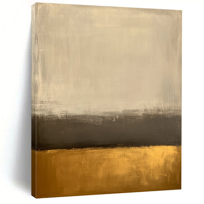 Large contemporary abstract painting featuring an off-white background and gold bottom with minimalist earth tones and low contrast for a serene aesthetic. DLZ1013