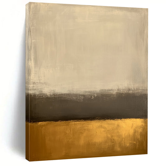 Large contemporary abstract painting featuring an off-white background and gold bottom with minimalist earth tones and low contrast for a serene aesthetic. DLZ1013