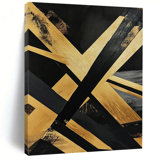 Contemporary abstract painting featuring bold black and gold stripes geometric shapes with wooden lines on a dark background and expressive brush strokes. DLZ0730