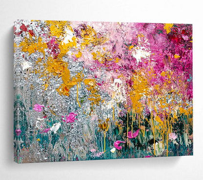 “Textured Floral Abstract” - Yellow, Pink, Silver, Green with Thick Textures - Painting On Canvas HB1379