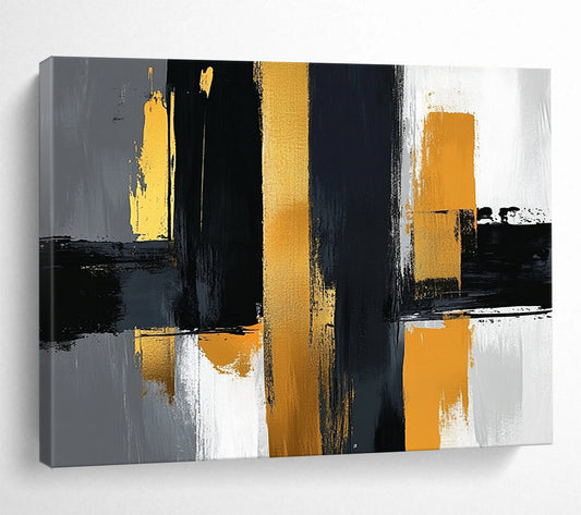 “Geometric Gold - Black Columns” - Gold, Black, Gray, Geometric Columns Painting On Canvas HB0807