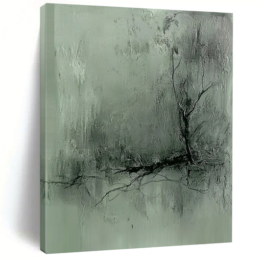 Contemporary hand-painted abstract art features a gray-green textured background with dark lines and a blurred silhouette, evoking a mysterious atmosphere with delicate brushwork. DLZ0504
