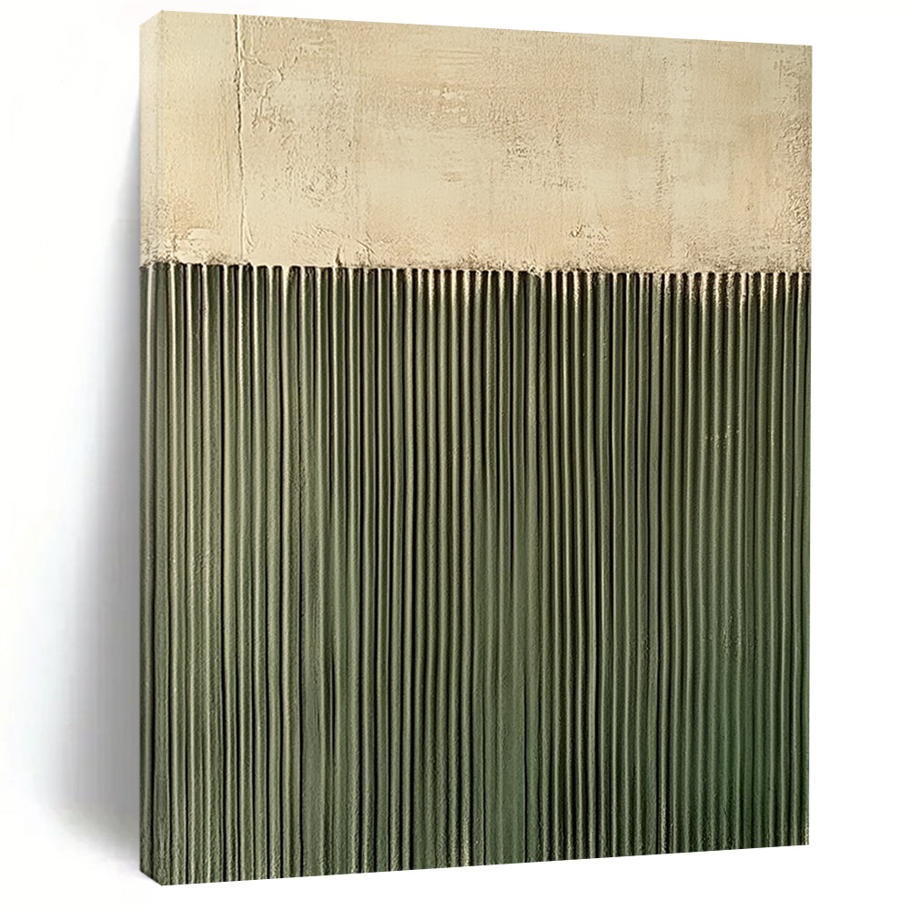 Contemporary hand-painted abstract art featuring a textured green wall with vertical lines against a soft gray background, creating a compelling visual contrast. DLZ1711