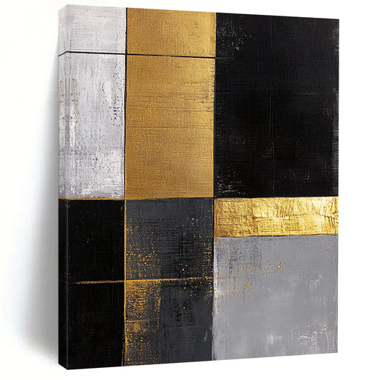 Black, White, Gold, Gray, Patchwork Squares "Gilded Mosaic Tiles" Abstract Minimalist Painting On Canvas HB162