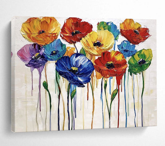 “Dripping Colorful Poppies” - Multicolor, Poppies, Dripping Paint Painting On Canvas HB0739