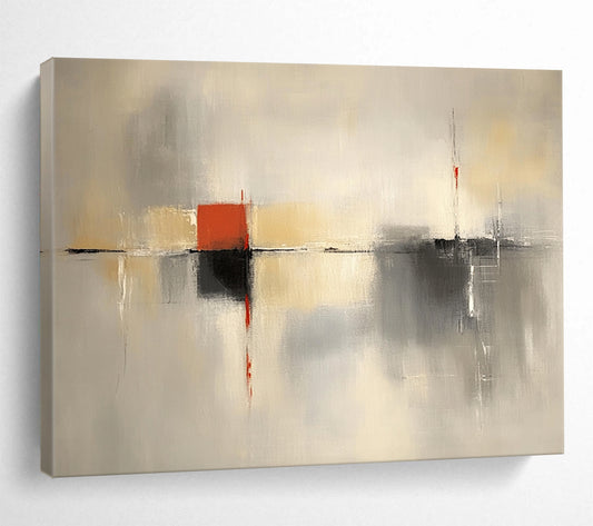 “Gray and Red Abstract Composition” - Gray, beige, white, red; Abstract composition with geometric elements; Acrylic Painting On Canvas HB1283
