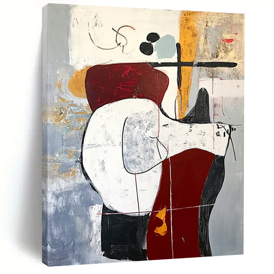Contemporary abstract artwork featuring an animal on a chair in red and white tones with black lines on a gray background in oil on canvas. DLZ1012