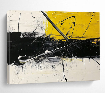 “Bold Yellow - Black Strokes” - Yellow, Black, White, Dynamic Abstract Lines - Acrylic Painting HB1626