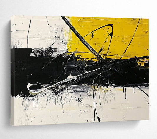 “Bold Yellow - Black Strokes” - Yellow, Black, White, Dynamic Abstract Lines - Acrylic Painting HB1626