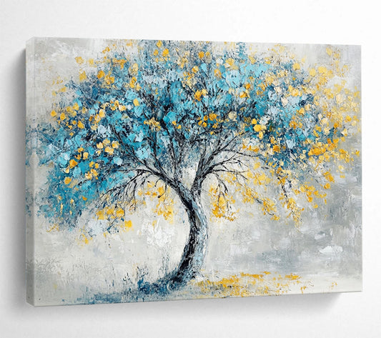 “Blue - Yellow Tree” - Gray background, blue foliage, yellow blossoms, Textured Tree Painting On Canvas HB0589