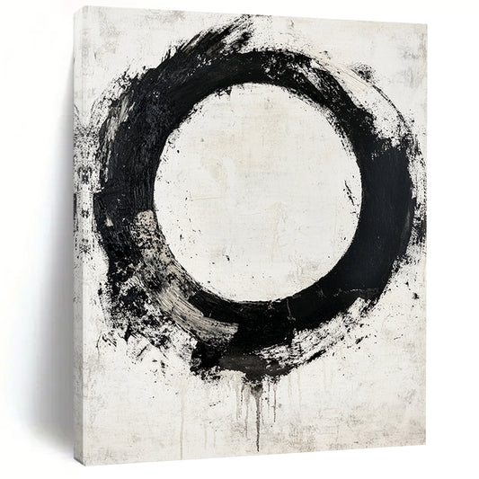 Black Circular Brushstroke with Gray Background - “Earthy Enso” Painting On Canvas HB241