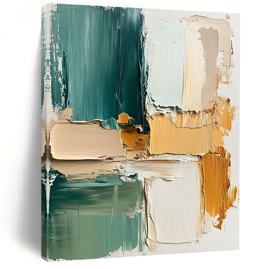 Contemporary abstract painting showcasing thick brush strokes in beige and teal with soft splashes and layers of cream green and yellow on textured canvas. DLZ1080