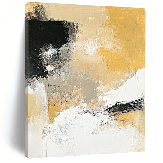 Contemporary hand-painted abstract artwork featuring neutral tones in black and white combined with vibrant yellow for a striking visual impact. DLZ0278