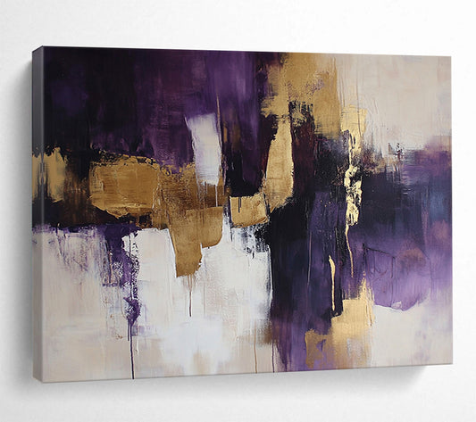 “Purple and Gold Abstract Fusion” - Purple, gold, white, black; Dynamic abstract color blocks and drips; Acrylic Painting On Canvas HB1216