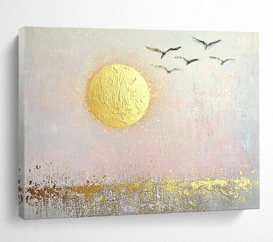 “Golden Sun and Birds” - Gold, pink, gray; Abstract sun and birds; Textured Acrylic Painting On Canvas HB1194