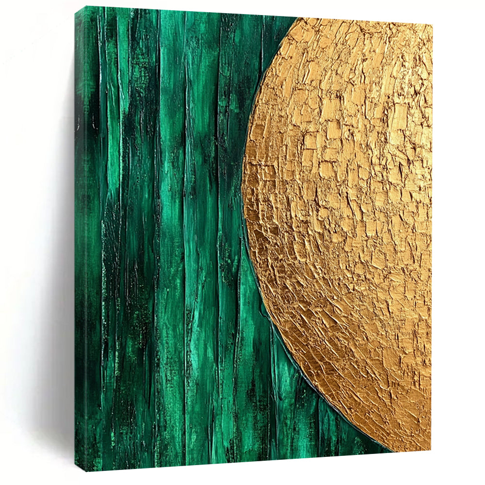 Contemporary hand-painted abstract art featuring emerald green and gold with smooth brush strokes and organic white textured patterns. DLZ0916