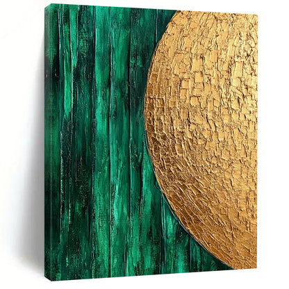 Contemporary hand-painted abstract art featuring emerald green and gold with smooth brush strokes and organic white textured patterns. DLZ0916