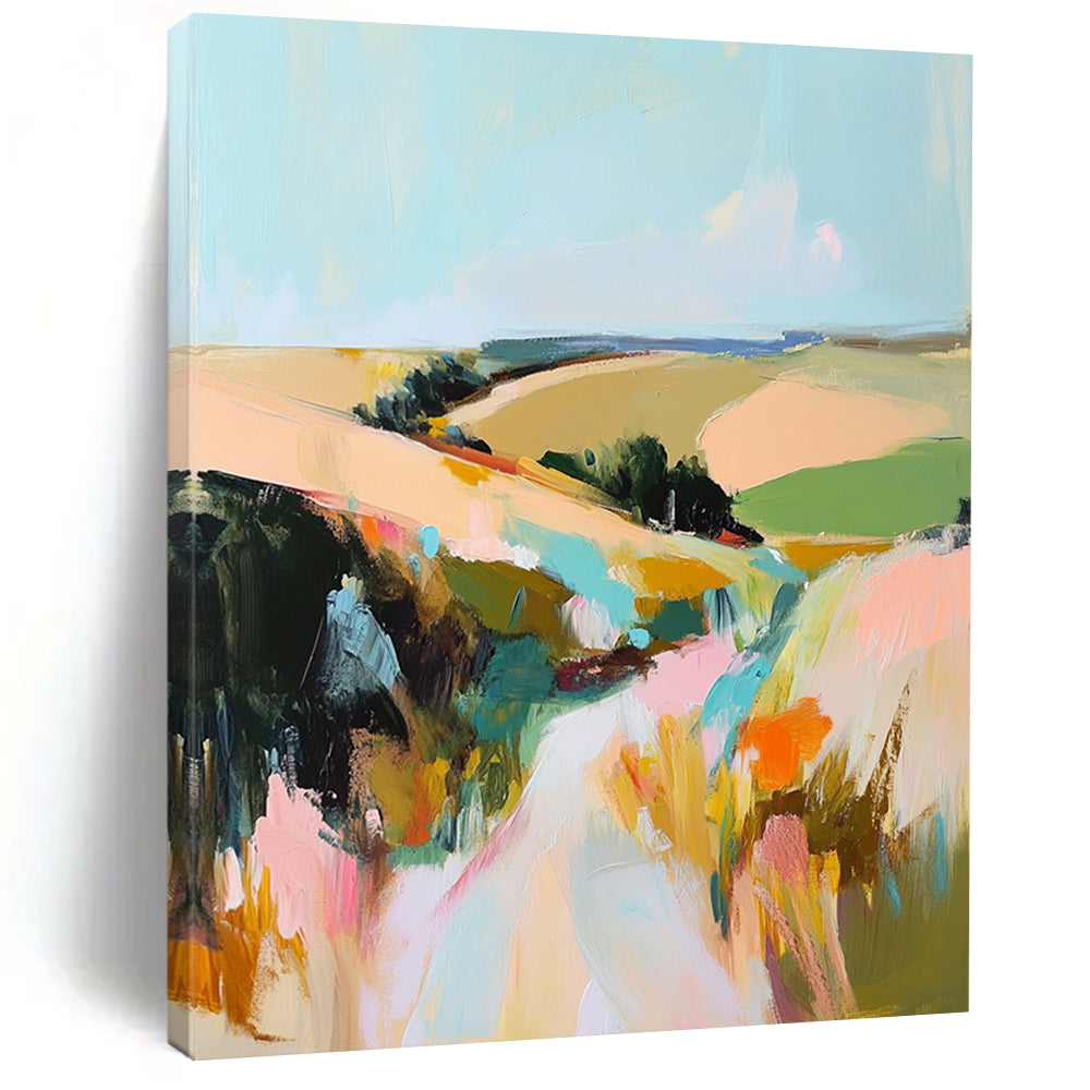 Contemporary abstract landscape painting featuring thick paint application and vibrant muted colors capturing rolling fields and hills under a serene sky. DLZ0455