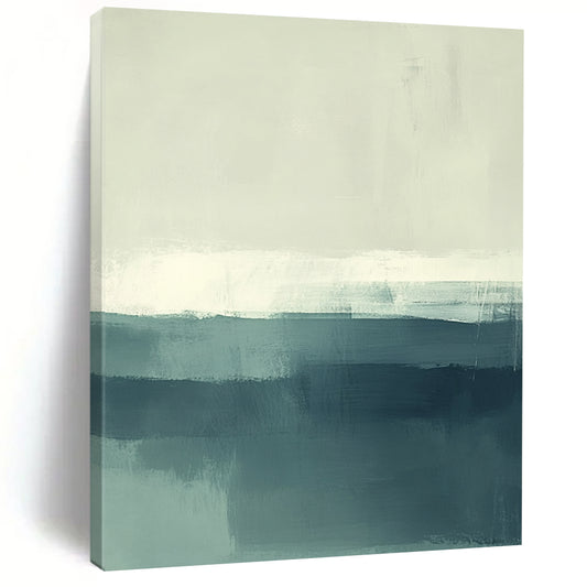 Contemporary hand-painted abstract artwork of the sea featuring soft muted teal and green tones with white accents. Perfect for modern spaces. DLZ0431