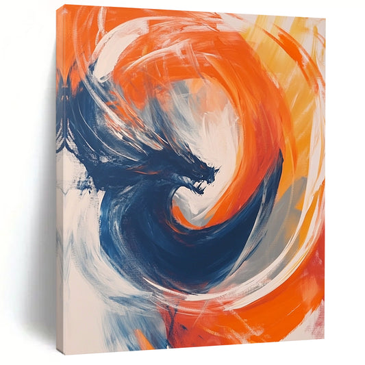 Contemporary abstract artwork featuring vibrant orange and blue circular forms with fluid movement, white strokes, and a dynamic dragon motif at the center. DLZ1014
