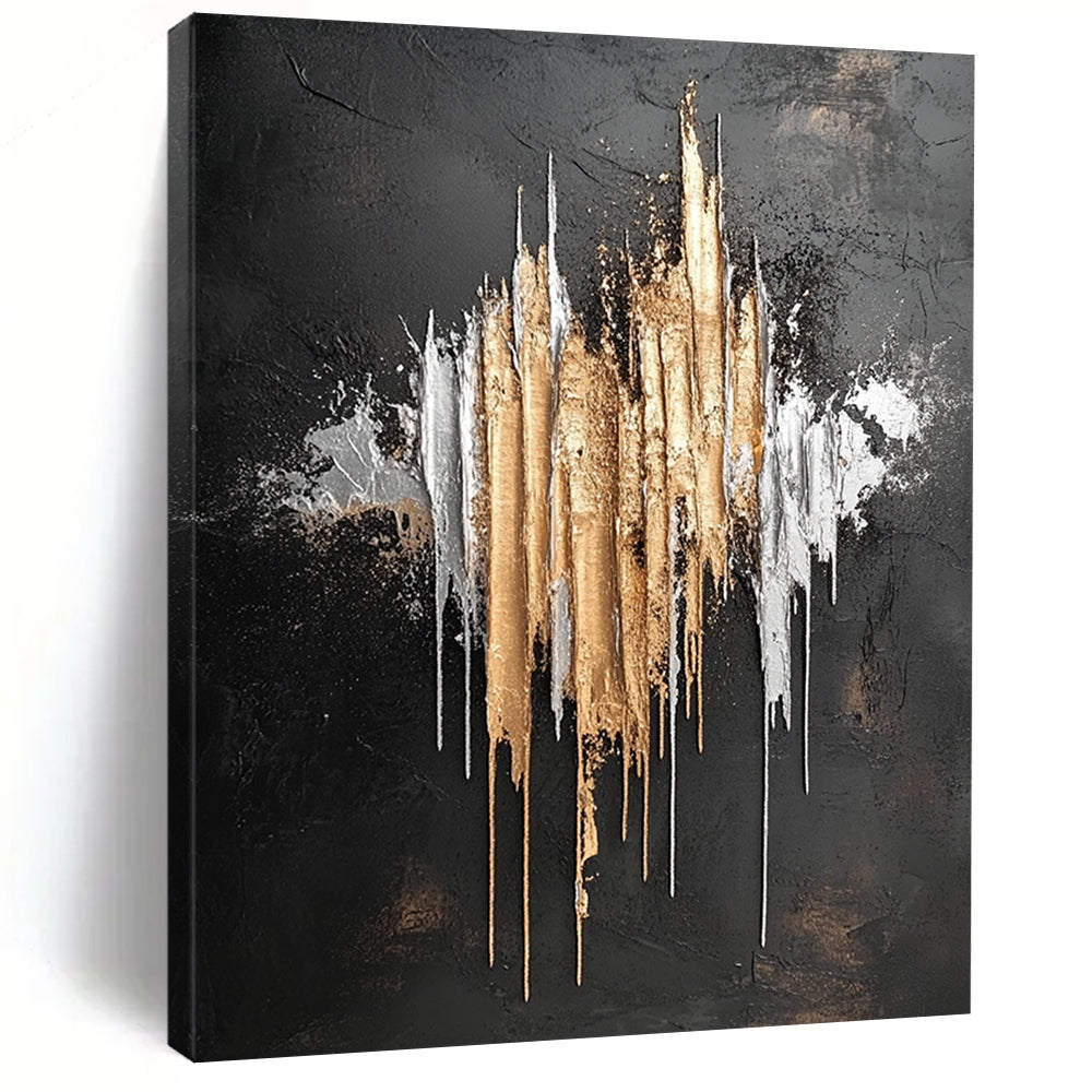 Contemporary hand-painted abstract artwork featuring silver and gold metallic drips on a striking black background inspired by Jackson Pollock. DLZ0802