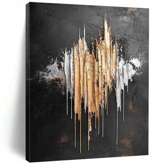 Contemporary hand-painted abstract artwork featuring silver and gold metallic drips on a striking black background inspired by Jackson Pollock. DLZ0802
