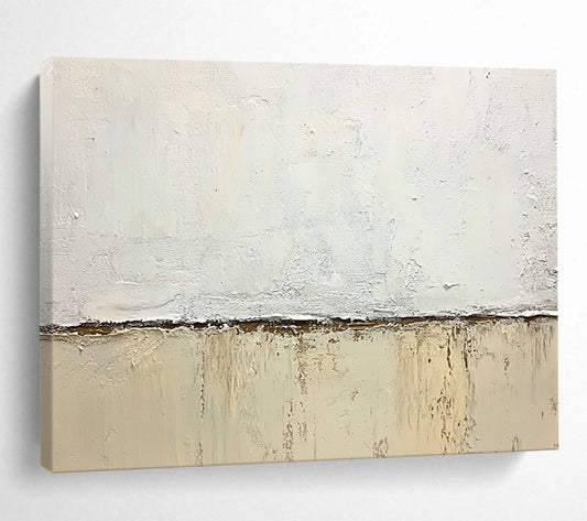 “Minimalist Textured Divide” - White, beige, brown; Textured white and beige divide on a canvas; Soft Acrylic Painting On Canvas HB1200