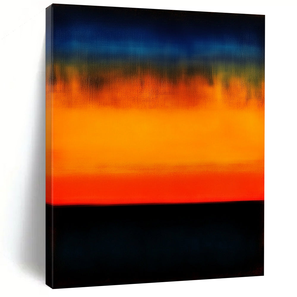 Contemporary hand-painted abstract art showcasing an orange and blue gradient sunset over the ocean with low contrast and dark colors for a blurred effect. DLZ0538