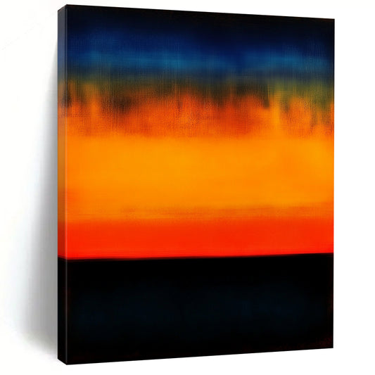 Contemporary hand-painted abstract art showcasing an orange and blue gradient sunset over the ocean with low contrast and dark colors for a blurred effect. DLZ0538