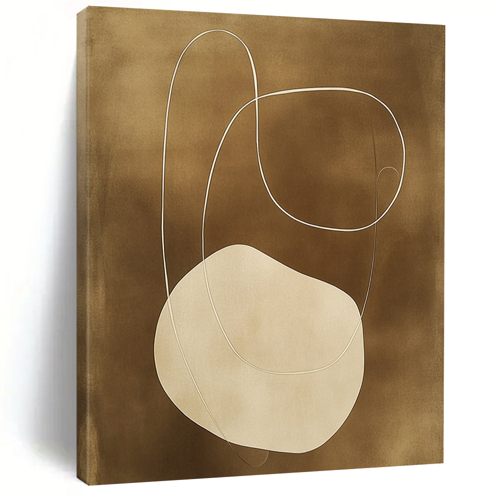 Contemporary hand-painted abstract artwork features organic shapes and connecting lines in earthy tones on a dark beige background, showcasing elegant simplicity. DLZ0861
