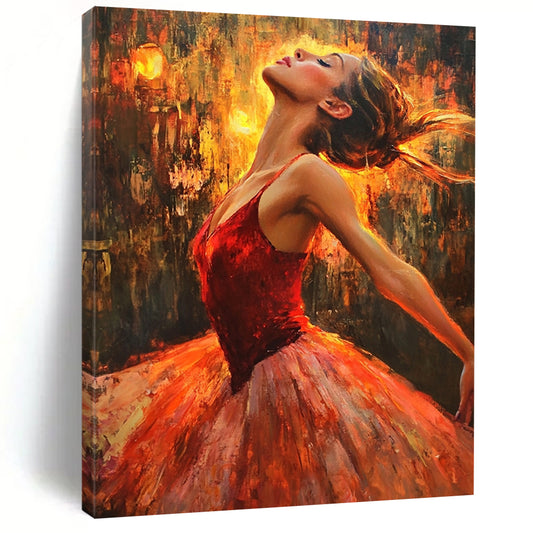 Contemporary hand-painted artwork capturing a ballerina in red dancing gracefully amidst firelight, with a focus on her expressive face. DLZ1091