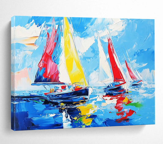 “Colorful Sailboat Race” - Bright Yellows, Reds, Blues, Sailboats on the Sea - Impasto Oil Painting HB1732