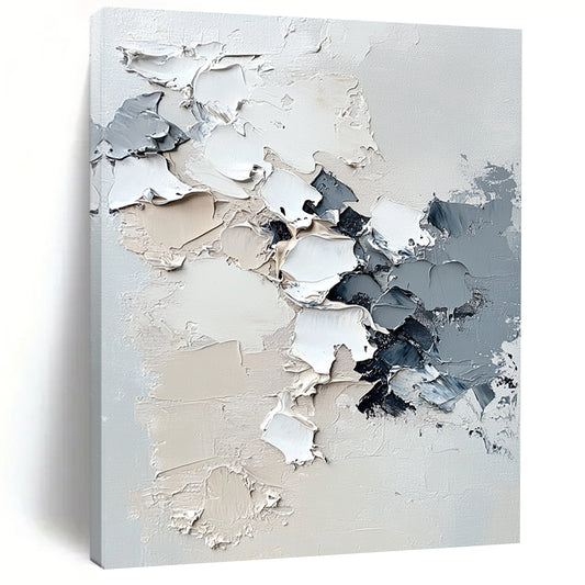 Contemporary hand-painted abstract artwork featuring melting snowflakes, impasto texture, and a serene white background in neutral tones. DLZ0629